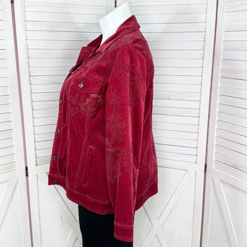 Chicos Boho Jacket Women XL 3 Red Velour Paisley Embroidered Beaded‎ Trucker - Picture 3 of 14